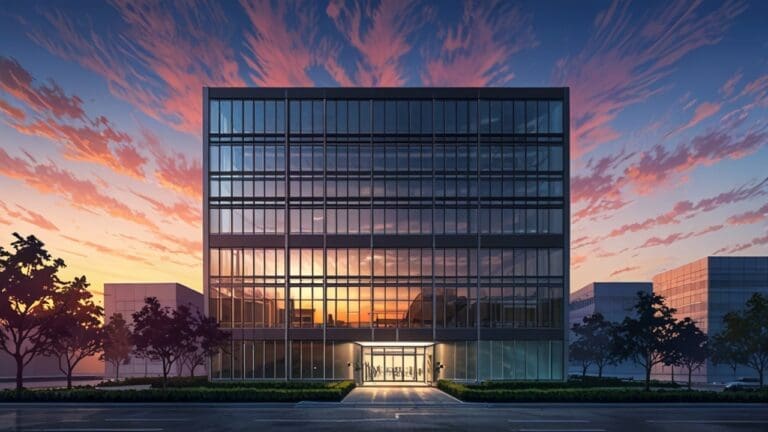 Vista frontal de un edificio de oficinas modernas rodeado de naturaleza, al amanecer