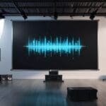 Sala tecnológica moderna con pantallas que muestran gráficos de música e inteligencia artificial