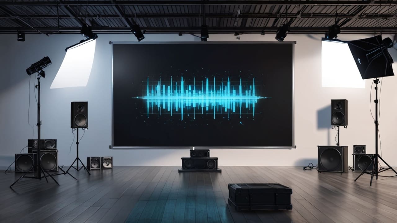 Sala tecnológica moderna con pantallas que muestran gráficos de música e inteligencia artificial
