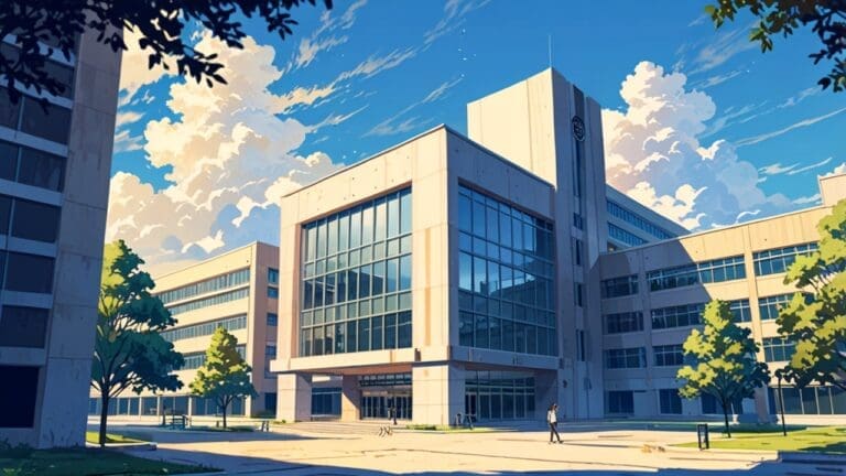 Vista moderna de un campus universitario con edificios de investigación bajo un cielo despejado