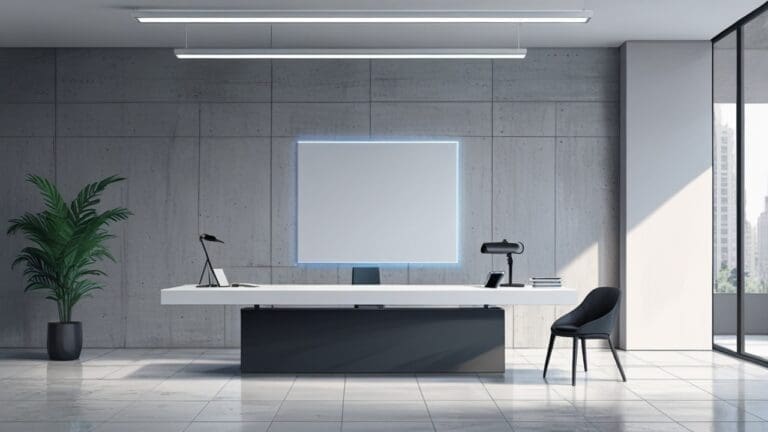 Primer plano de un dispositivo tecnológico futurista sobre una mesa minimalista en una oficina moderna