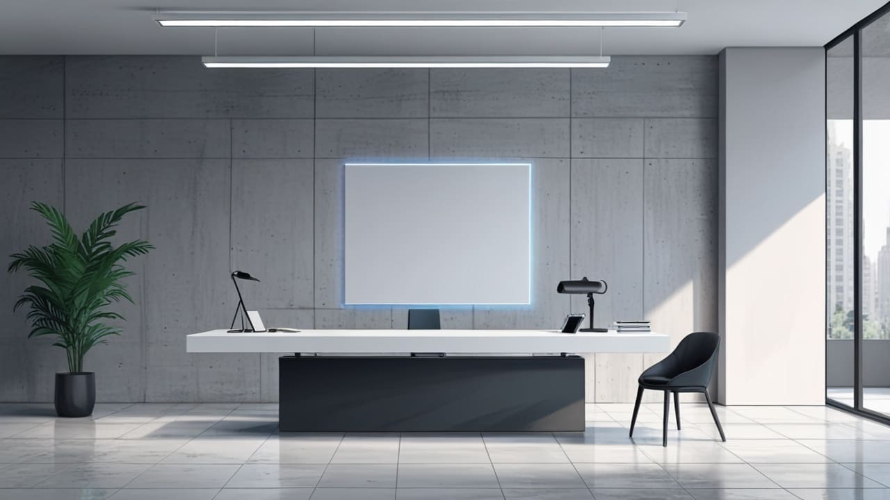 Primer plano de un dispositivo tecnológico futurista sobre una mesa minimalista en una oficina moderna