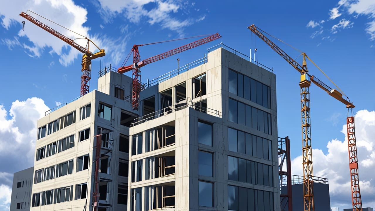 Edificios modernos en construcción rodeados de grúas bajo un cielo despejado