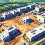 Vista aérea de un centro de reciclaje moderno con máquinas tecnológicas procesando materiales.