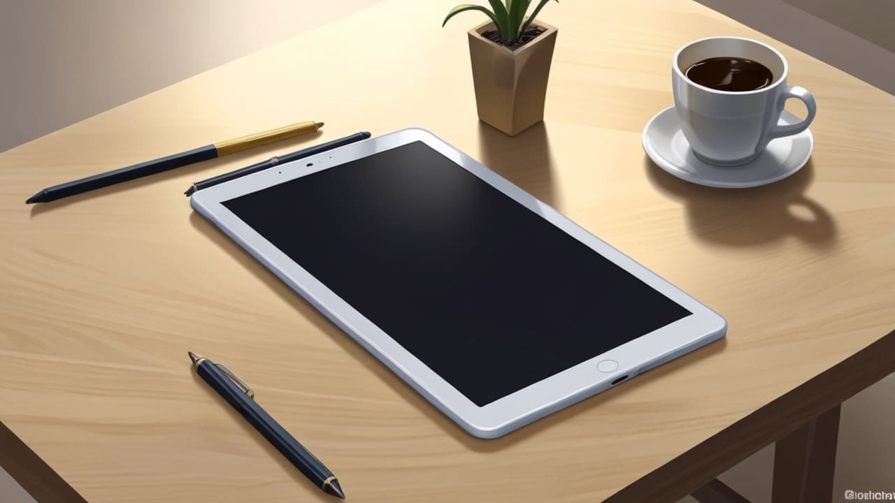 Primer plano de una tablet moderna sobre una mesa, con una interfaz amigable para personas mayores, en un entorno luminoso y minimalista