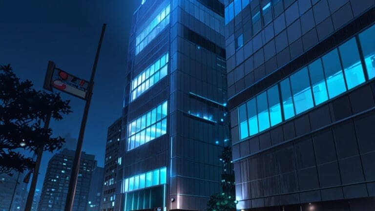 Edificio moderno con luces azules en un distrito tecnológico de una gran ciudad