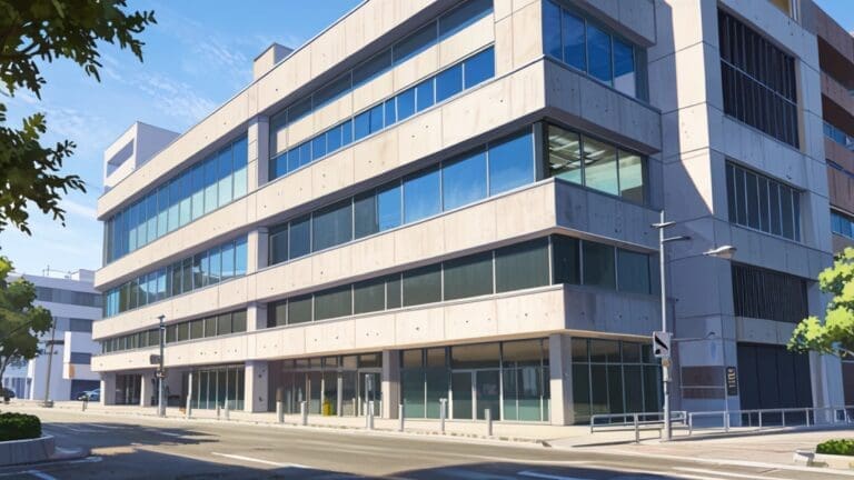 Fachada moderna de un edificio de oficinas con diseño tecnológico en una zona urbana de Castelldefels