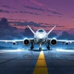 Avión futurista sobre una pista despegando al amanecer, cielo despejado, entorno tecnológico.