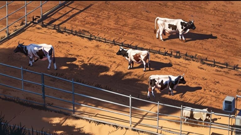 Primer plano de un campo argentino con vacas pastando y dispositivos tecnológicos discretos adheridos a ellas bajo un cielo despejado