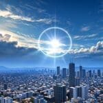 Vista panorámica del cielo sobre Ciudad de México mostrando un halo solar alrededor del sol en un día despejado