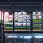 Espacio interior moderno de una planta alimentaria con pantallas digitales mostrando datos nutricionales