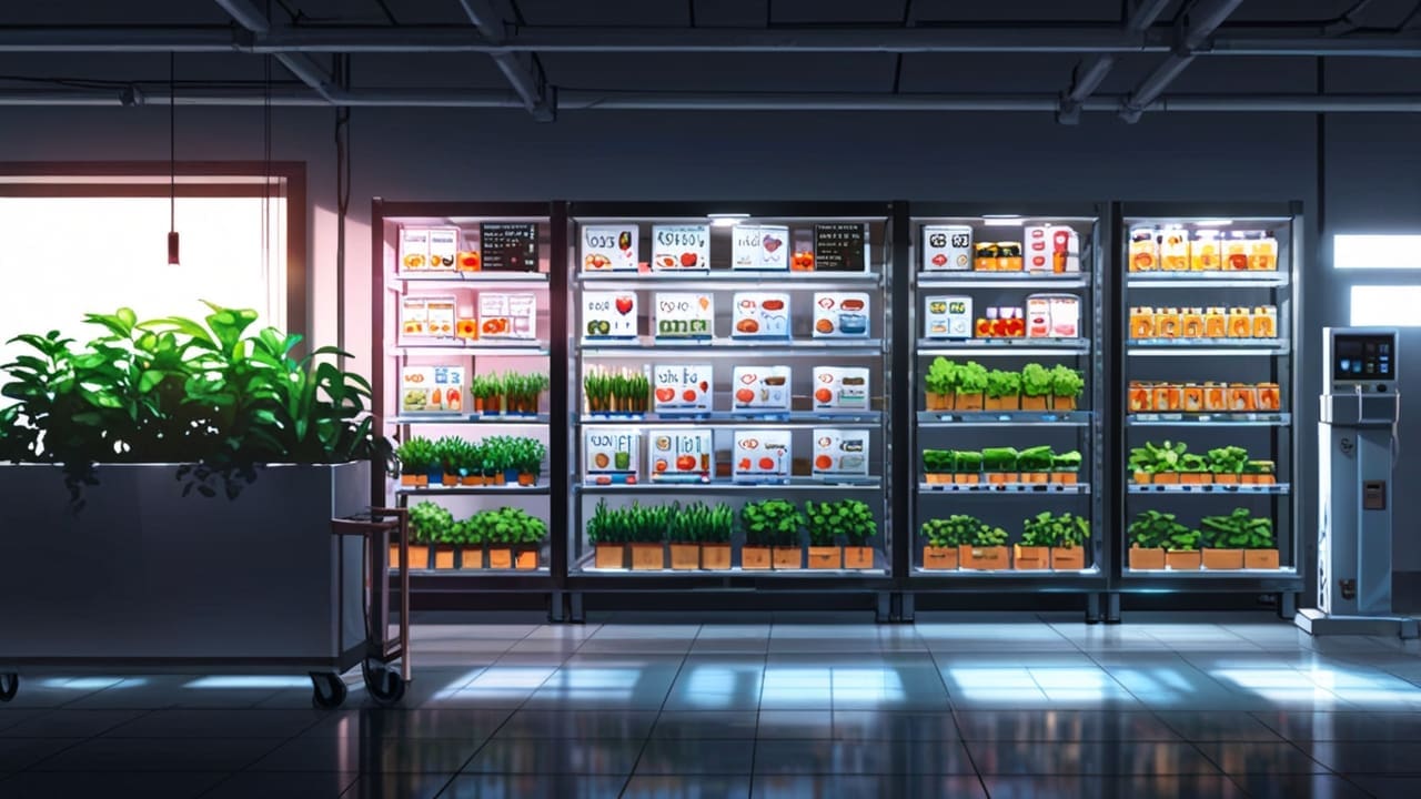 Espacio interior moderno de una planta alimentaria con pantallas digitales mostrando datos nutricionales
