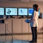 Interior de una oficina tecnológica con pantallas que muestran modelos de datos médicos en tiempo real