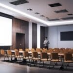 Sala de conferencias moderna con pantallas digitales y tablets, ambientación tecnológica y corporativa, luz natural