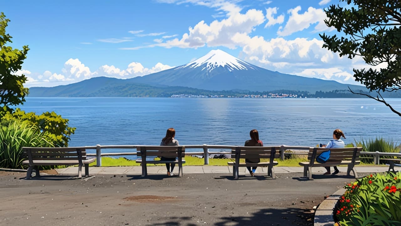 Vista del Lago Llanquihue con un centro de convenciones moderno en un día soleado