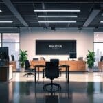 Oficinas modernas con equipos trabajando frente a pantallas y pizarras digitales en un entorno de startup tecnológica