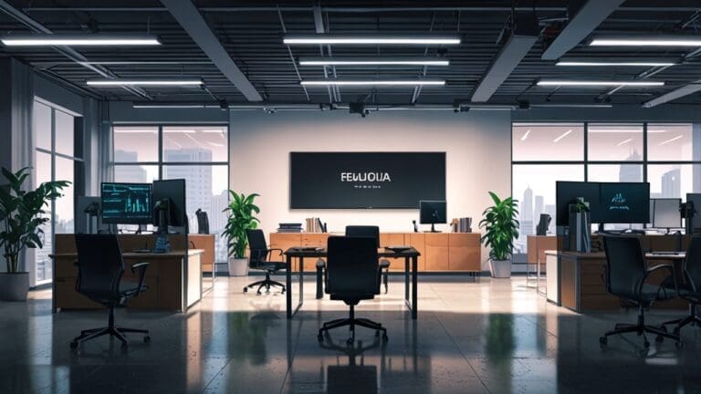 Oficinas modernas con equipos trabajando frente a pantallas y pizarras digitales en un entorno de startup tecnológica