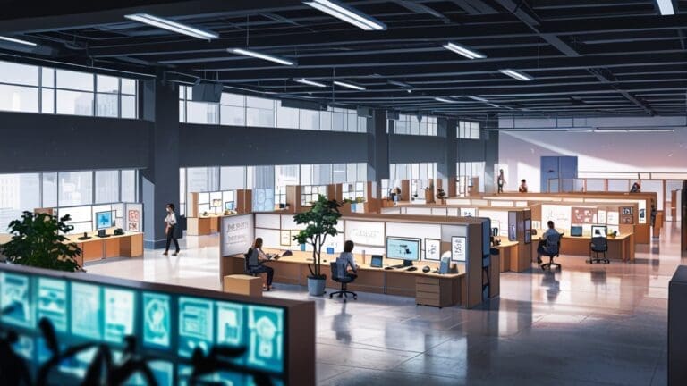 Interior moderno de un centro de innovación con emprendedores mostrando prototipos textiles y tecnológicos sobre mesas de trabajo