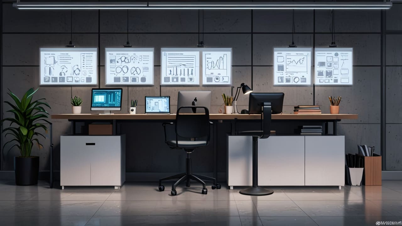 Oficinas modernas con pantallas digitales mostrando experiencias de realidad aumentada sobre una mesa de trabajo tecnológica