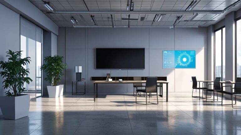 Interiores modernos de una oficina de innovación tecnológica con pantallas de alta tecnología.