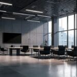 Oficinas modernas con equipos tecnológicos avanzados y gráficos digitales