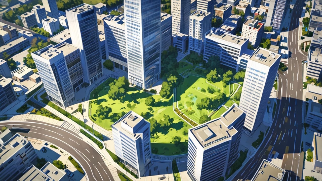 Vista aérea de un distrito tecnológico moderno en una gran ciudad con torres de oficinas y zonas verdes