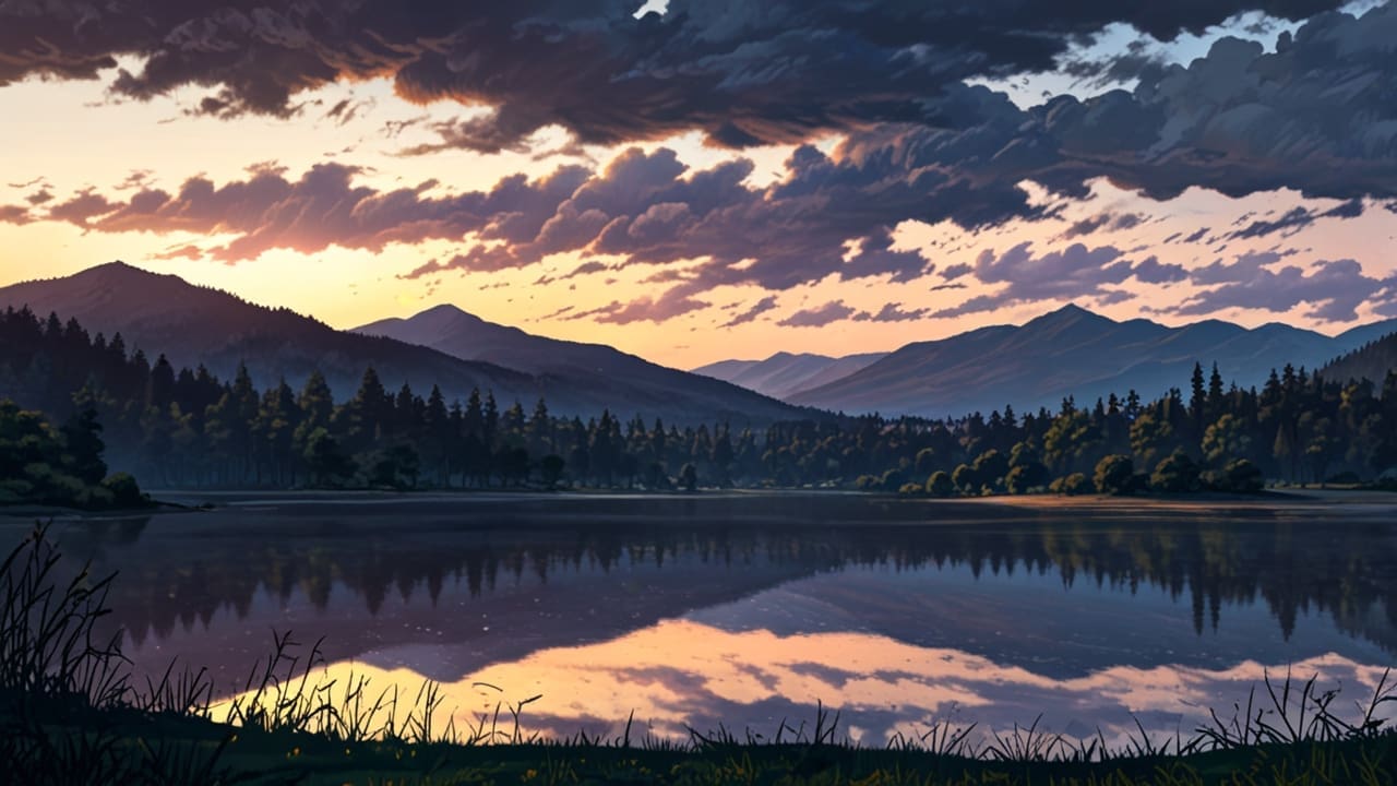 Vista panorámica de un lago con montañas y bosques al fondo iluminados por el sol.