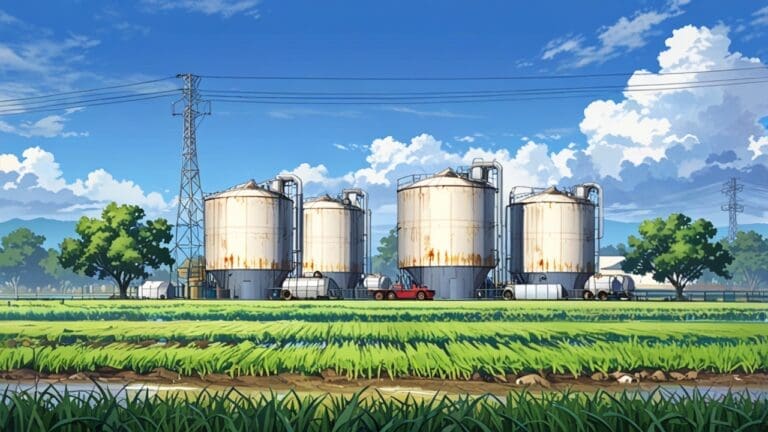 Paisaje rural con instalaciones agrícolas modernas y sensores tecnológicos integrados en el campo