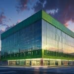 Edificio moderno de centro de innovación rodeado de espacios verdes al amanecer