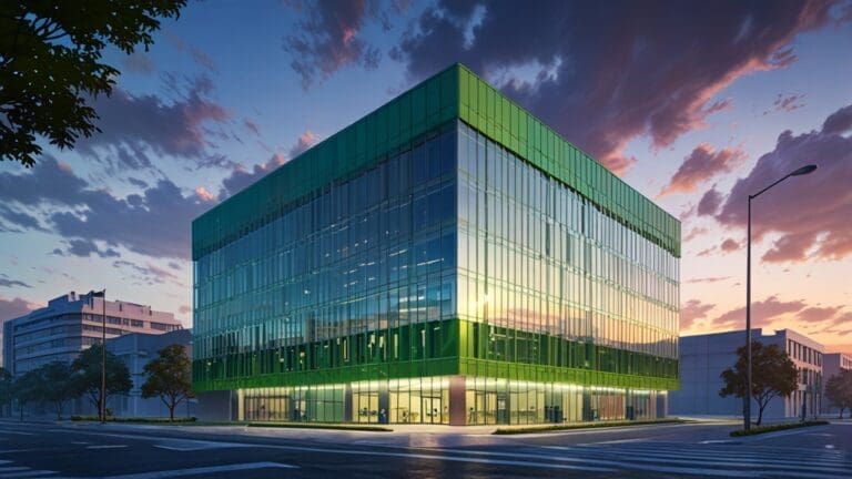 Edificio moderno de centro de innovación rodeado de espacios verdes al amanecer