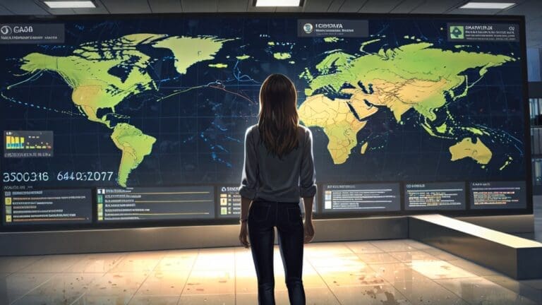 Oficina moderna con pantallas digitales mostrando gráficos de crecimiento y mapas de expansión global