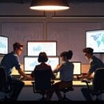 Oficina moderna con emprendedores trabajando en laptops sobre una mesa con documentos y gráficos tecnológicos