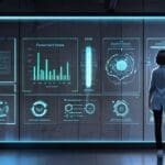 Oficina moderna con pantallas y gráficos de inteligencia artificial en tiempo real, estilo futurista y ordenado