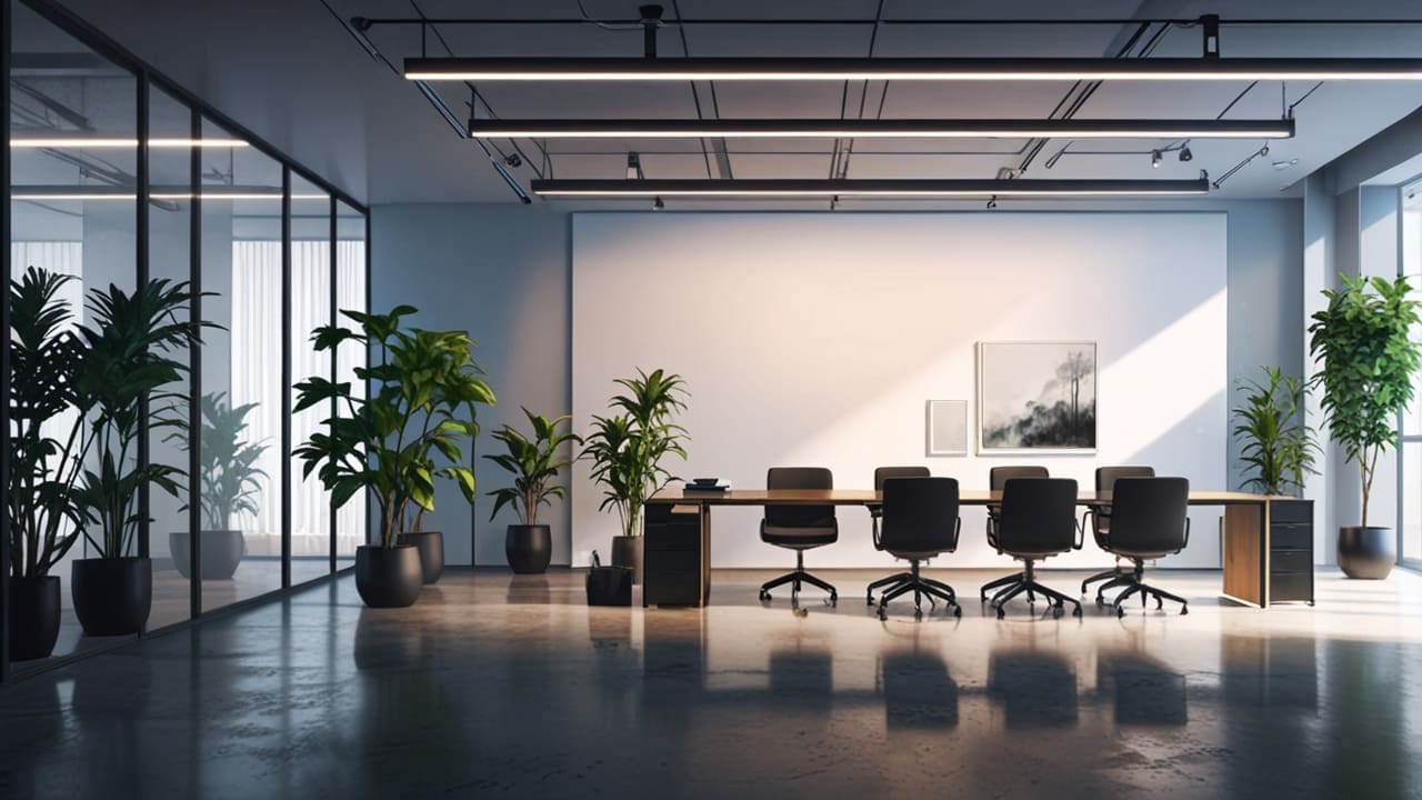 Oficinas modernas de una startup tecnológica con luz natural y pantallas en varias estaciones de trabajo.