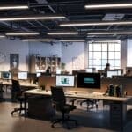 Interior de una oficina moderna con varias startups tecnológicas trabajando junto a ejecutivos en mesas compartidas