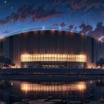 Exterior del Teatro del Lago en Frutillar bajo cielo despejado, con montaje para evento tecnológico, luces y estructuras modernas junto al lago