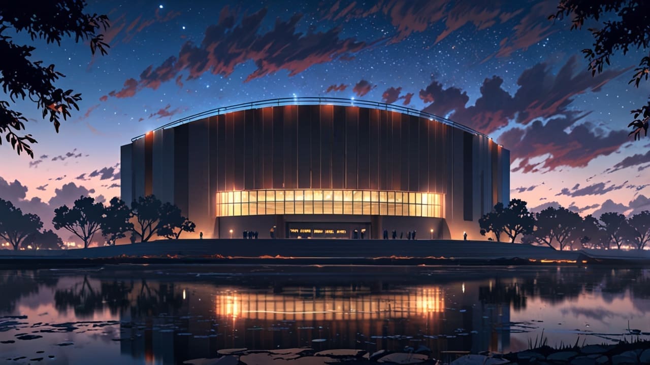 Exterior del Teatro del Lago en Frutillar bajo cielo despejado, con montaje para evento tecnológico, luces y estructuras modernas junto al lago