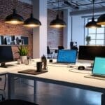 Oficinas modernas de una startup tecnológica con varios smartphones sobre una mesa junto a laptops, ambiente de trabajo tech y corporativo
