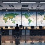 Oficinas modernas con equipos tecnológicos y pantallas mostrando mapas y gráficos digitales
