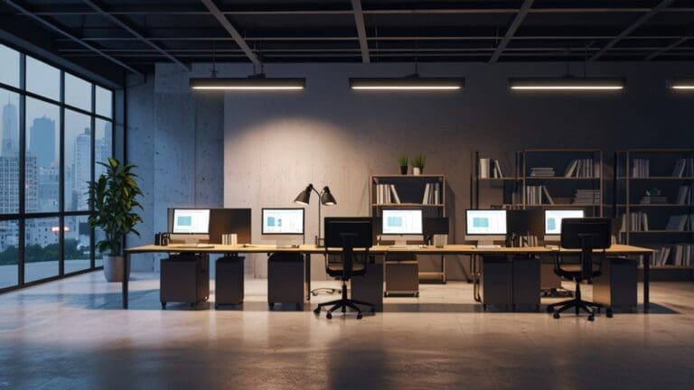 Oficinas modernas con luz natural, laptops sobre escritorios, gráficos en pantalla y ambiente tecnológico limpio y profesional