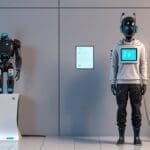 Render moderno de oficina tecnológica con pantallas mostrando interfaces de chatbot en un entorno digital