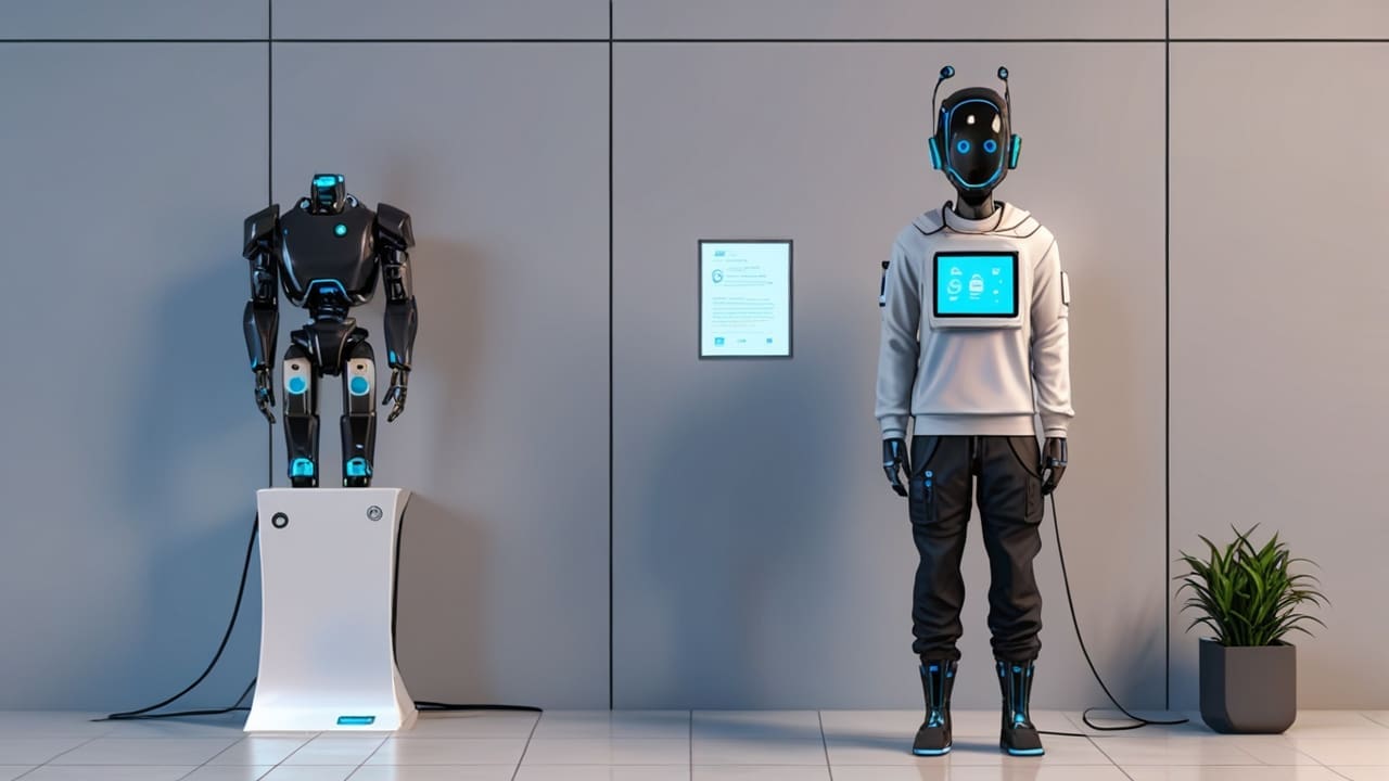 Render moderno de oficina tecnológica con pantallas mostrando interfaces de chatbot en un entorno digital