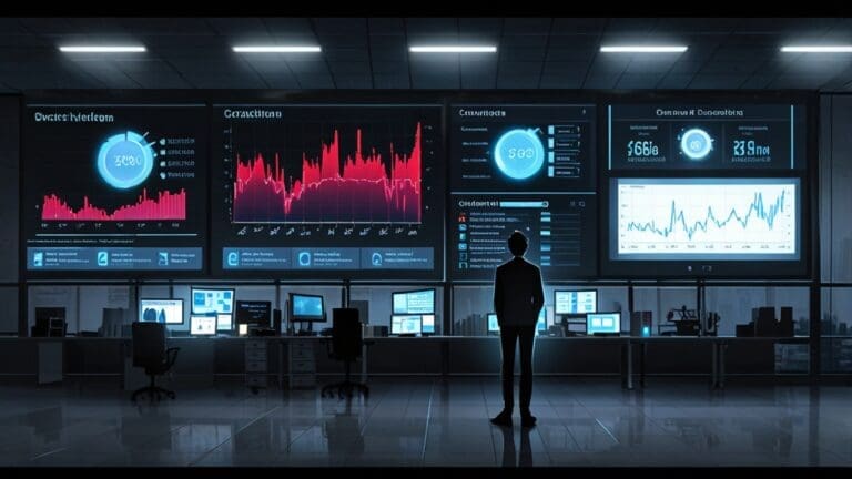 Oficinas modernas con pantallas digitales mostrando gráficos de inteligencia artificial y datos empresariales