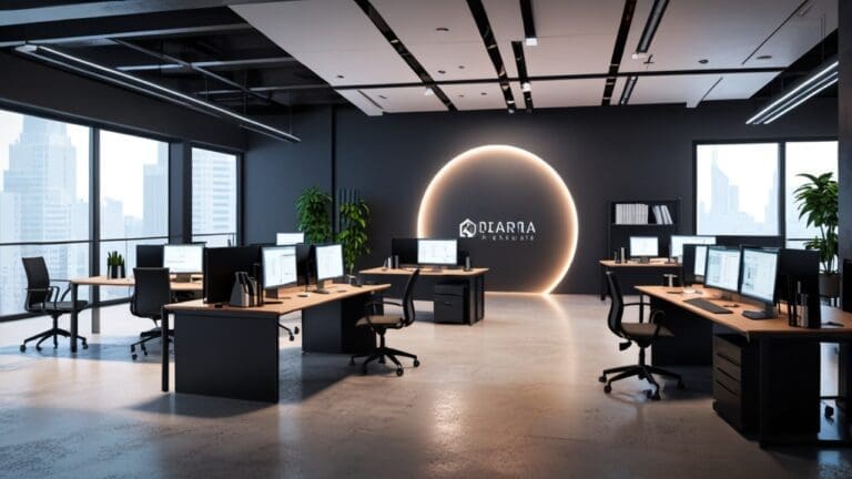 Oficinas modernas con mesas de trabajo, laptops y pizarras digitales, en ambiente profesional y tecnológico