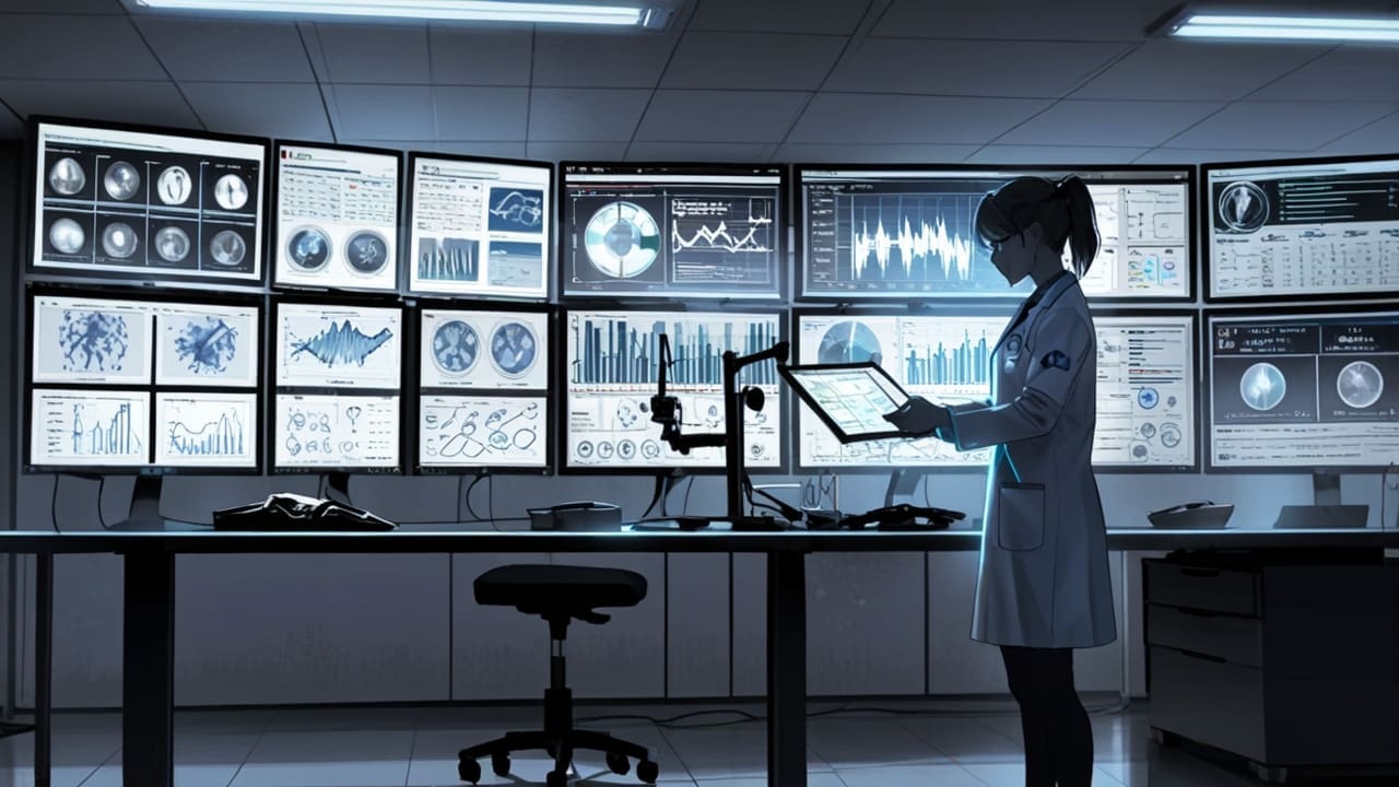Oficina moderna con pantallas que muestran gráficos de datos médicos y algoritmos de inteligencia artificial