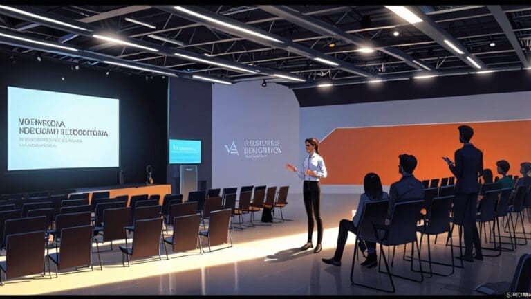 Salón moderno de presentaciones corporativas con proyección de startups en pantallas digitales durante un evento tecnológico en Valencia