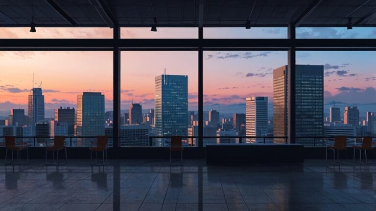 Vista panorámica de un distrito tecnológico moderno con edificios de oficinas iluminados al amanecer