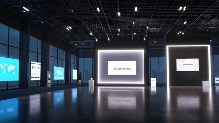 Interior moderno de un centro de convenciones con stands tecnológicos, pantallas LED y emprendedores presentando soluciones innovadoras