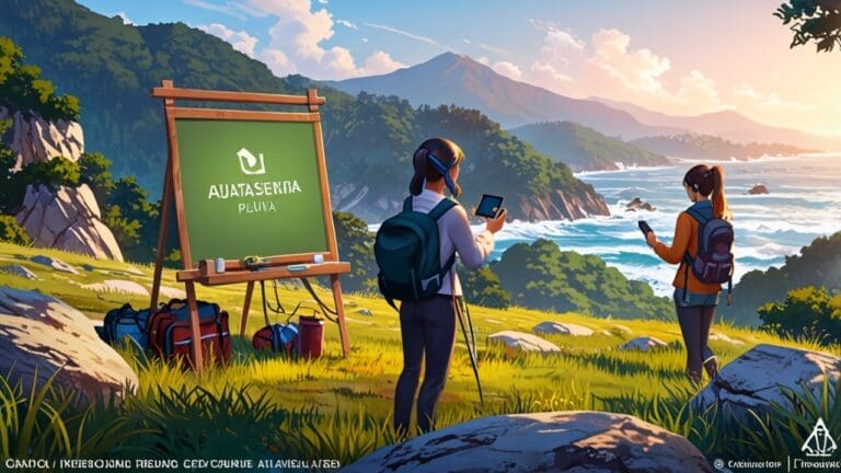 Paisaje natural montañoso con turistas realizando deportes de aventura al aire libre, escena clara y profesional con enfoque tecnológico