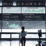 Interior moderno de una oficina de capital de riesgo con pantallas de datos y gráficos de inversión en una vista limpia y profesional